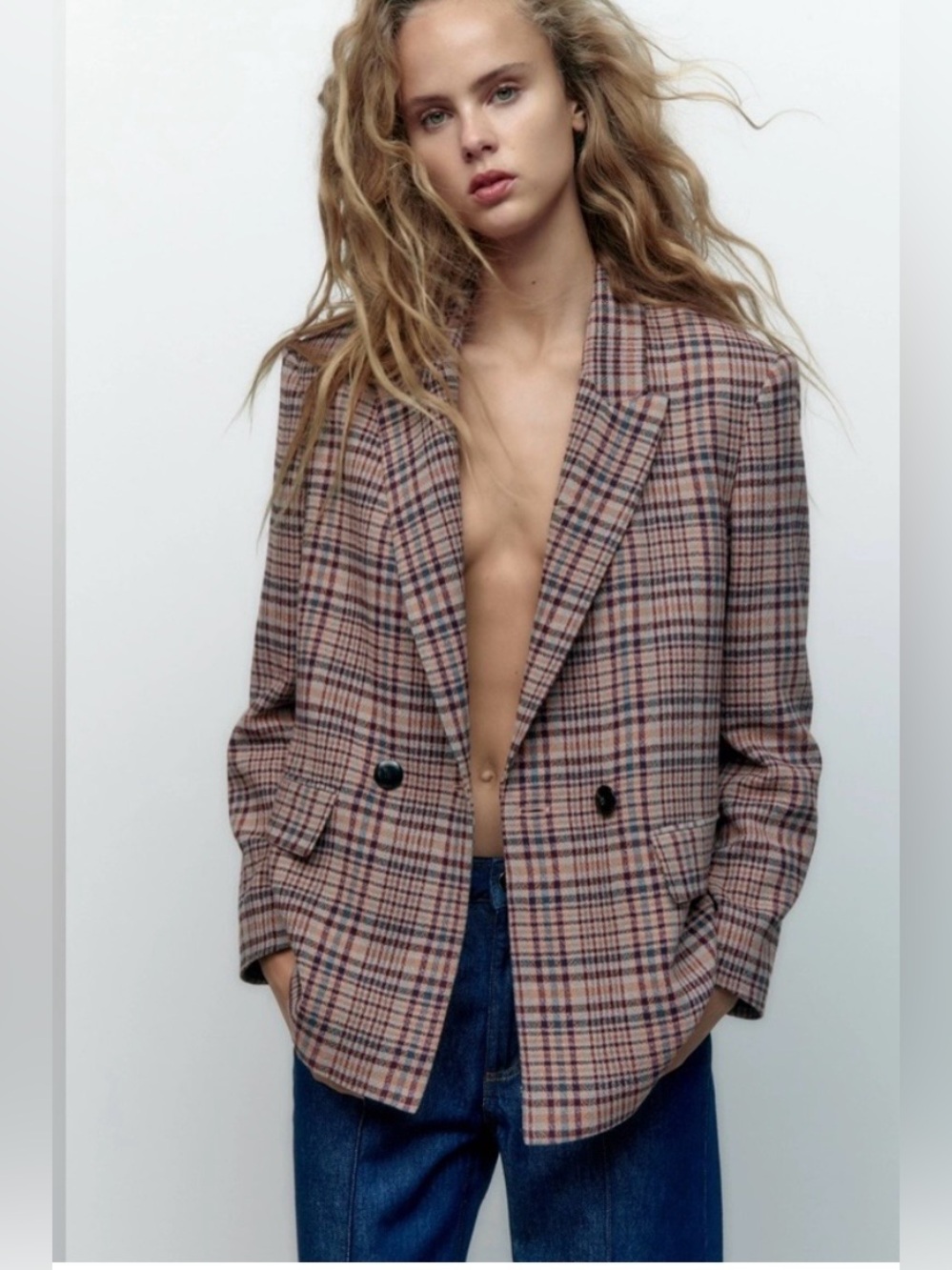 Zara Plaid Double-Breasted Blazer Jacket